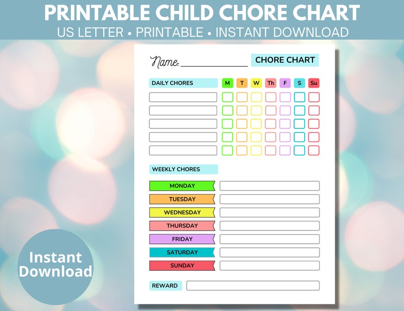 Printable Child Chore Chart, Kids Chore Chart, Responsibility Chart - Etsy