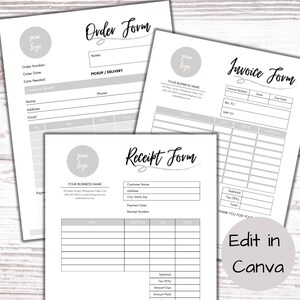 Peut inclure: Un ensemble de trois formulaires imprimables pour les commandes, les factures et les reçus. Chaque formulaire comporte un cercle gris avec le texte "votre logo" en haut. Les formulaires sont conçus pour être utilisés par une entreprise pour le suivi des commandes, des factures et des reçus.