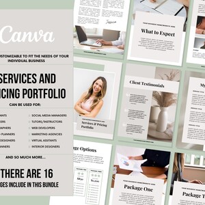 Op de afbeelding: Een Canva-sjabloon voor een Services and Pricing Portfolio. Het ontwerp heeft een lichtgroen en wit kleurenschema met de tekst "Services and Pricing Portfolio" en "Volledig aanpasbaar aan de behoeften van uw individuele bedrijf". De sjabloon bevat 16 pagina's.