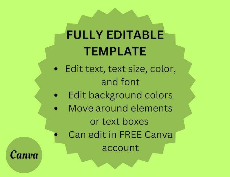 May include: Green and white graphic with the text "FULLY EDITABLE TEMPLATE" in black. The graphic lists features of a template, including editing text, text size, color, and font, editing background colors, moving elements or text boxes, and editing in FREE Canva account.