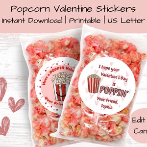 Printable Valentine Popcorn Tag | School Valentine | Valentine Exchange | Valentines Treat | Kids Valentines | Poppin valentines labels