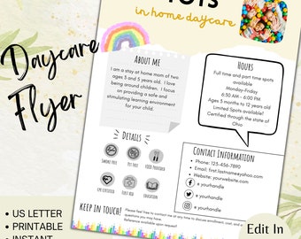 Editable Daycare flyer, Childcare flyer, Daycare forms, Canva template, Home daycare flyer