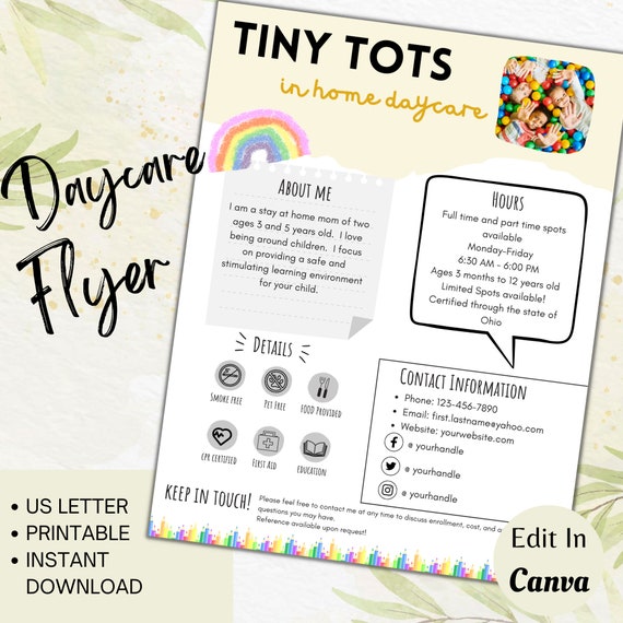 Editable Daycare flyer, Childcare flyer, Daycare forms, Canva template, Home daycare flyer