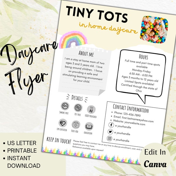 Editable Daycare flyer, Childcare flyer, Daycare forms, Canva template, Home daycare flyer