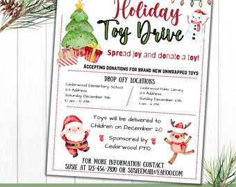 Editable Toy Drive Flyer, Holiday Toy Drive Flyer, Church Christmas fundraiser, PTO/PTA Charity flyer, School fundraiser