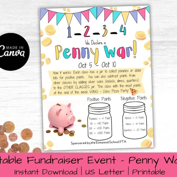 Editable Penny War Fundraiser Flyer | School Fundraiser Flyer | Pto Pta Church School Charity | Fundraiser Flyer Template | Fundraiser Event