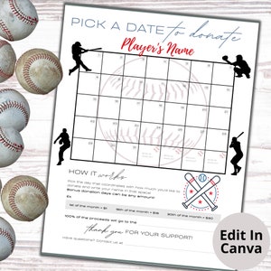Editable baseball fundraiser, Pick a date fundraiser calendar, Sponsor a date, Pay the date, Digital download, Black out my board