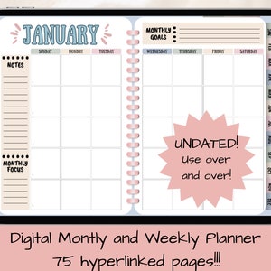 May include: A digital planner with a monthly and weekly calendar layout. The planner is undated and features a pink and blue color scheme. The text "JANUARY" is at the top of the page, and the text "MONTHLY GOALS" is at the top of the right side of the page. The text "UNDATED! Use over and over!" is in a pink starburst shape.