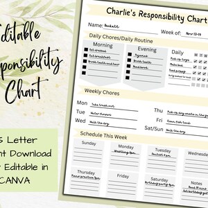 Editable Printable Responsibility Chart, Editable Chore Chart, Reward Chart