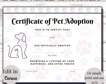 Editable pet adoption certificate | Dog certificate | Adoption sign | Pet Adoption| Editable certificate of adoption | Adopt An Animal