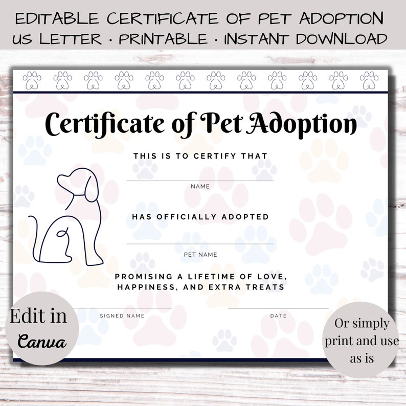 Adopt Signature Editable Pet Adoption Certificate | Dog Certificate | Adoption Sign ...