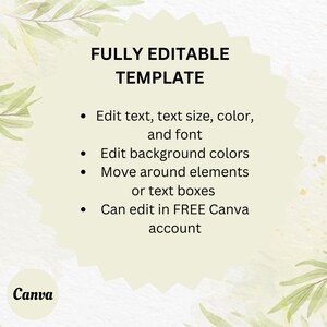 May include: A green and white illustrated template with the text "FULLY EDITABLE TEMPLATE" and a list of features: Edit text, text size, color, and font. Edit background colors. Move around elements or text boxes. Can edit in FREE Canva account.