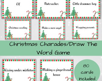 May include: 80 Christmas-themed cards with red and green polka dots and a reindeer illustration. Each card features a different Christmas-themed word or phrase, such as "Elf", "Nutcracker", "Little drummer boy", "Christmas caroling", "Make a snow angel", "Wrapping presents", "Kissing under mistletoe", and "Making a gingerbread house".
