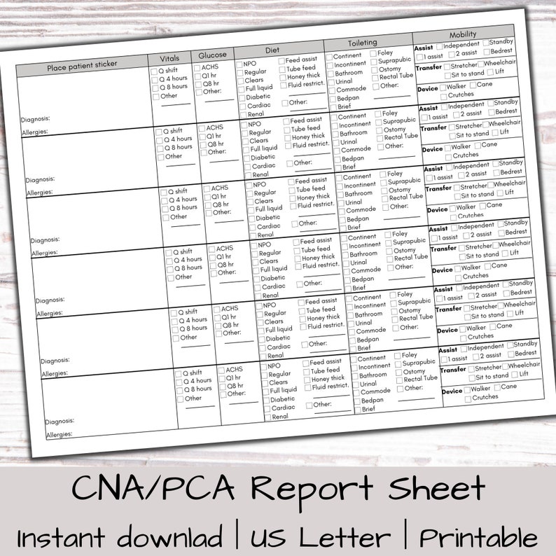 CNA Report Sheet, Multiple Patient Report Sheet, Tech Shift Report, PCT ...
