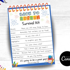 Editable Back To School Survival Kit Tag | Welcome Back First Day | School Pto Pta Editable Template | Back To School Printable