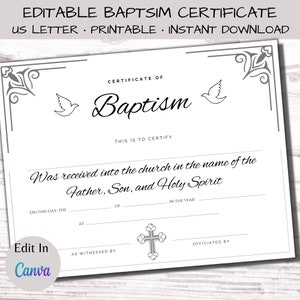 Certificado de Bautismo editable, Certificado de Bautismo, Bautismo infantil personalizado, bautismo en agua