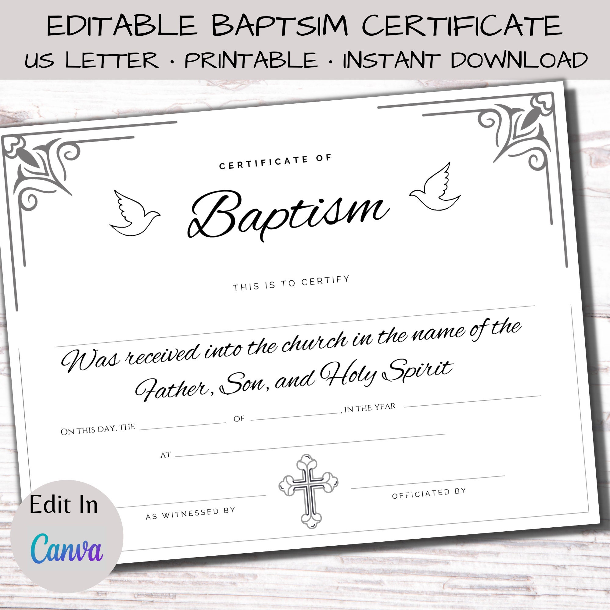 Editable Certificate of Baptism, Baptism Certificate, Personalized child's baptism, water baptism