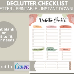 Opruimchecklist, afdrukbare opruimlijst voor thuis, opruimuitdaging, bewerkbare checklist