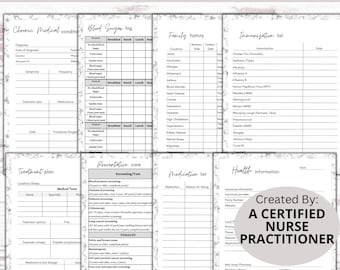 May include: A printable medical binder with pages for tracking chronic medical conditions, blood sugar, family history, immunisations, treatment plans, preventative care, medication lists, and health information. The binder is designed for US Letter size paper and includes the text "Created By: A CERTIFIED NURSE PRACTITIONER".