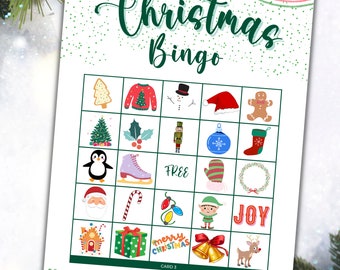 Printable Christmas Bingo, Holiday Bingo, Kids Christmas activity, Printable bingo cards, Family fun games, 8.5x11 inches, 50 bingo cards