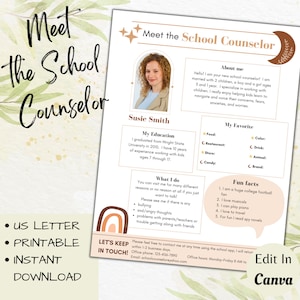 Editable Meet the School Counselor, Meet the teacher, Canva template, All about me printable, school newsletter, back to school
