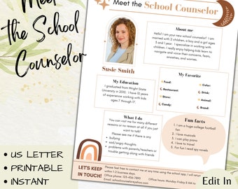 Editable Meet the School Counselor, Meet the teacher, Canva template, All about me printable, school newsletter, back to school