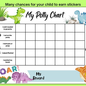 May include: A printable potty training chart with a dinosaur theme. The chart has a grid with spaces for stickers and a list of potty training milestones. The chart also includes a section for a reward.