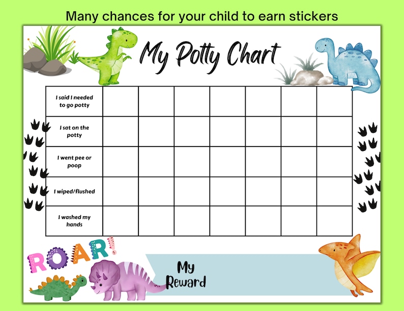 May include: A printable potty training chart with a dinosaur theme. The chart has a grid with spaces for stickers and a list of potty training milestones. The chart also includes a section for a reward.