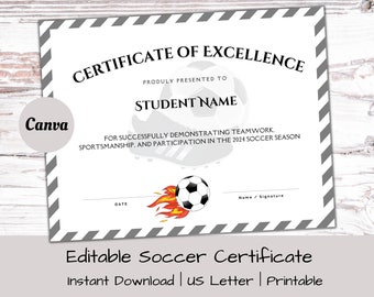Certificados de Fútbol Editables / Premio Deportivo / Certificado de Entrenamiento de Fútbol / Entrenador de Fútbol / Premios Fin de Temporada / Certificados Deportivos