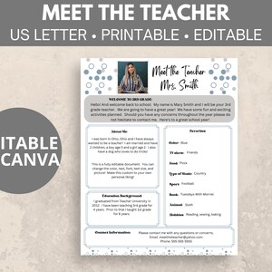 Editable Meet the Teacher template, Canva template, all about me template, back to school, school newsletter