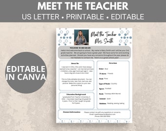 Editable Meet the Teacher template, Canva template, all about me template, back to school, school newsletter