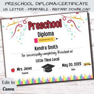 Editable Preschool diploma, Preschool certificate, Preschool graduation