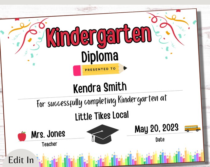 Editable Kindergarten Diploma With Photo, Any Grade, INSTANT DOWNLOAD ...