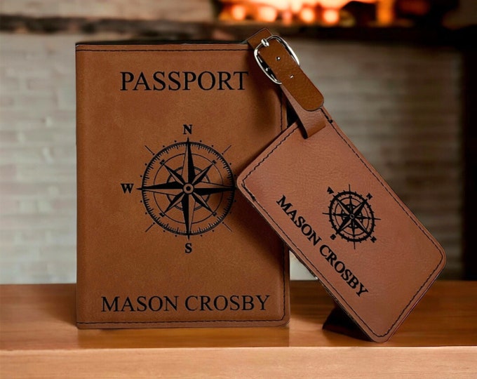 Personalized leather passport holder & Luggage Tag Set, Passport Cover, Engraved Customized Passport Covers, traveler's passport holder gift