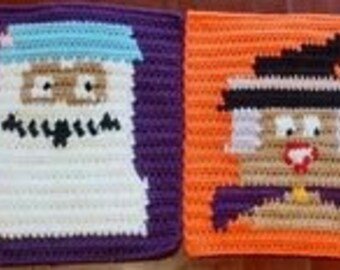 May include: Three crocheted squares featuring Halloween characters. The first square is purple with a white ghost, the second is orange with a witch, and the third is green with a vampire.