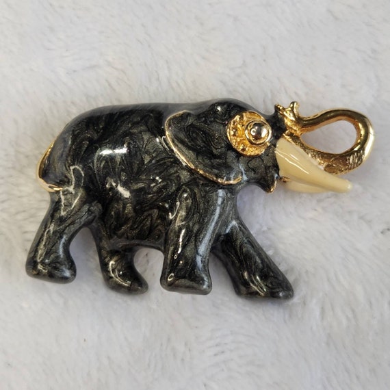 Maresco Gold Elephant Brooch, Vintage 1970s, Black