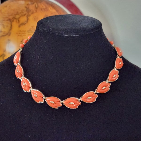 Coro Red-Orange Leaf Necklace, Vintage 1970s, Floral Necklace, Vintage Coro Necklace, Boho Leaf Necklace, Orange Bead, Coro Collar Necklace