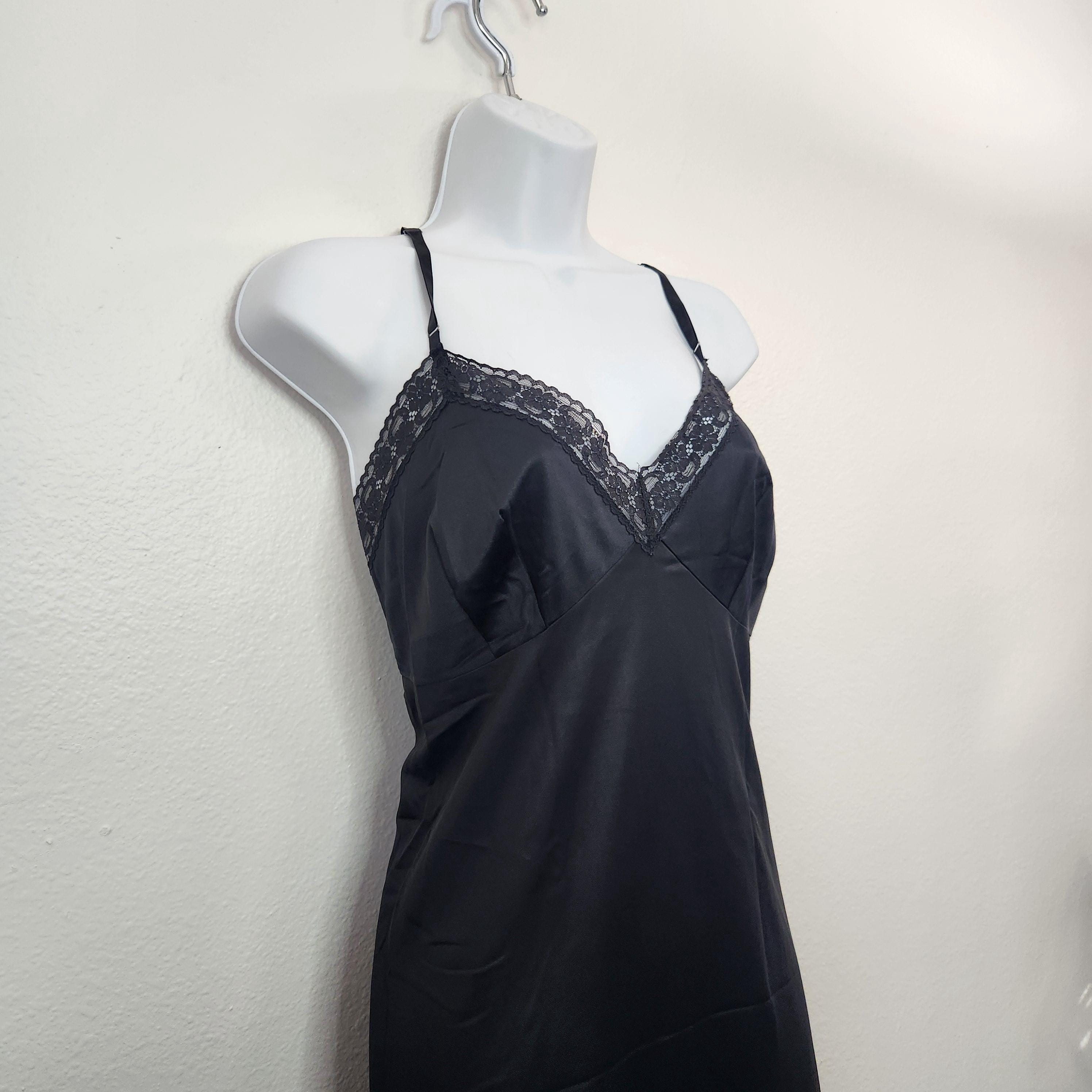 Vanity Fair Black Lace Lingerie Slip Dress, Vintage 1980s