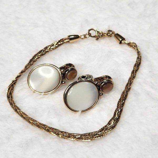 Monet Mother Of Pearl Gold Clip On Earrings Dainty Gold Braided Bracelet Set, Vintage 1950s/60s, Minimalist Gold Bracelet, MOP Earrings