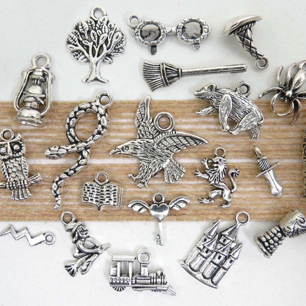 20 wizard apprentice charms, antique silver magical charm collection