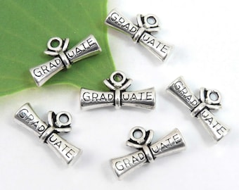 3 DIPLOMA charms, 3d, antique silver SCHOOL charm set, 21x13mm