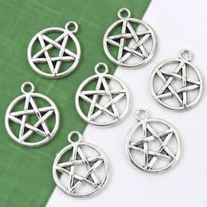 50 PENTAGRAM charms, antique silver WICCAN PENTACLE charm set, bulk, 20x17mm