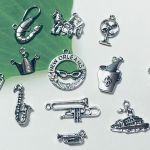 12 NEW ORLEANS theme charms, antique silver mardi gras charm collection