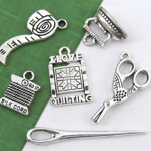 6 i love to quilt charms, antique silver sewing charm collection