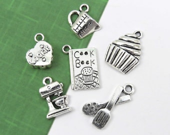 6 I LOVE BAKING charms, antique silver food charm collection