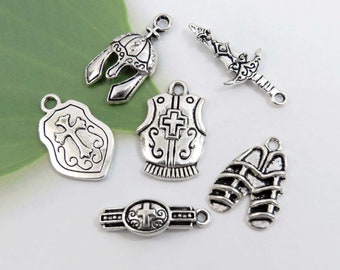 6 ARMOR OF GOD charms, antique silver mixed charm collection, Quantity discounts!