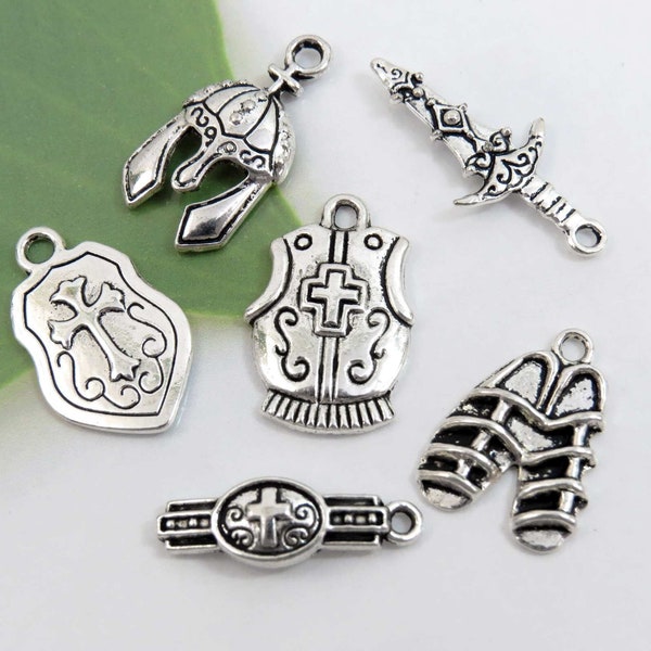 6 armor of god charms, antique silver mixed charm collection, quantity discounts!
