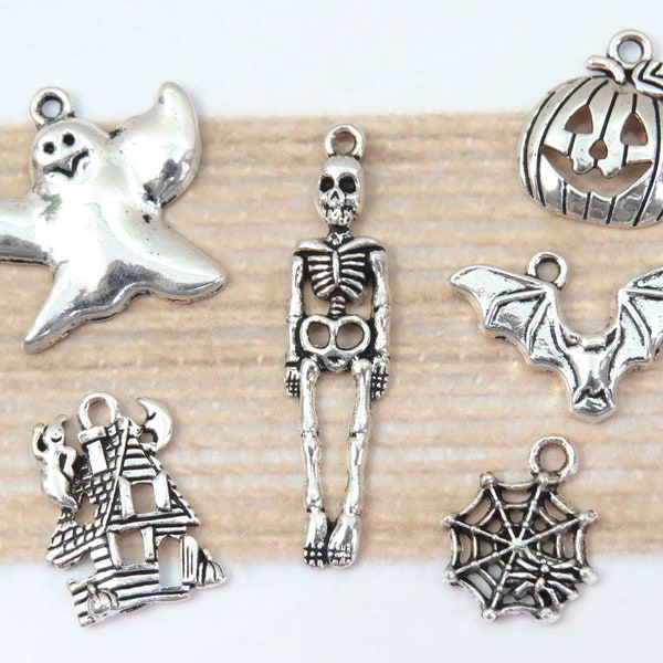 Boo! 6 creepy halloween charms, antique silver mixed charm collection