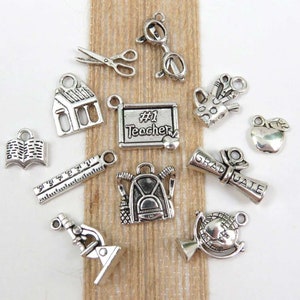 12 TEACHER theme charms, antique silver tone EDUCATION collection