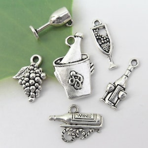 6 WINE theme charms, antique silver charm collection, set #2